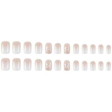 Square Press on Nails Short French Fake Nails Nude Gradient False Nails with Flower Designs Acrylic Nails Spring Press on Nails Reusable Gloss Square Artificial Nails for Women Girls