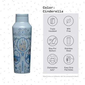 Corkcicle x Disney Princess Cinderella Sport Canteen Insulated Tumbler, 20 oz – Reusable Water Bottle Keeps Beverages Cold for 25 Hours & Hot 12 Hours – Cupholder Friendly Tumbler with Screw-On Cap