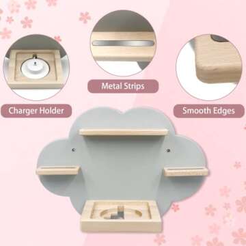 Wall Shelf (Cloud) for Toniebox, Charging Station and 12-18 Tonie Figures, Magnetic Wooden Floating Shelf Compatible with Toniebox MP3 Audio Player & Character, Storage Rack for Kids Play Room