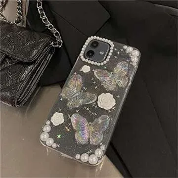 Fycyko Compatible with iPhone 11 3D Butterfly Floral Clear with Design Aesthetic Women Teen Girls Glitter Pretty Crystal Sparkle Sparkly Cute Girly Phone Cases Protective Cover+Pearl Chain-Clear