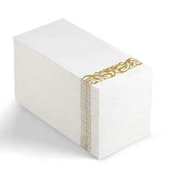 350 Piece Gold Dinnerware Set - 50 Guest Gold Lace Design Plastic Plates - 50 Gold Plastic Silverware - 50 Gold Cups - 50 Linen Like Gold Napkins, 50 Guest Disposable Gold Dinnerware Set