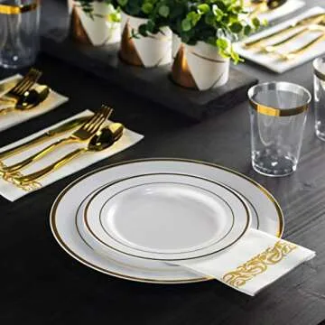 350 Piece Gold Dinnerware Set - 50 Guest Gold Lace Design Plastic Plates - 50 Gold Plastic Silverware - 50 Gold Cups - 50 Linen Like Gold Napkins, 50 Guest Disposable Gold Dinnerware Set