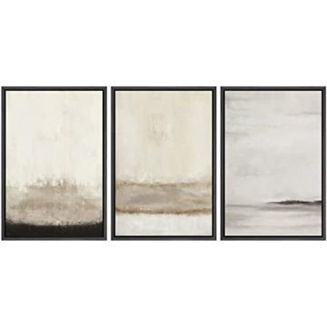 SIGNFORD Framed Canvas Print Wall Art Set Minimal Gray Tan Paint Stroke Landscape Abstract Shapes Di...