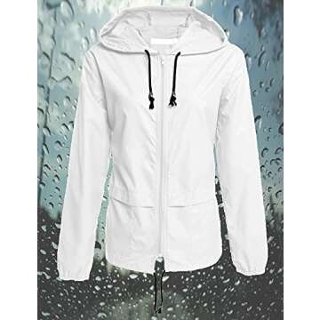 Avoogue Lightweight Raincoat Women's Waterproof Windbreaker Packable Outdoor Hooded Rain Jacket White M
