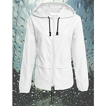 Avoogue Lightweight Raincoat Women's Waterproof Windbreaker Packable Outdoor Hooded Rain Jacket White M