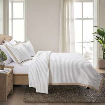 Bonlino White Quilt Set Queen Size - Farmhouse Soft Striped Stitch Bedding