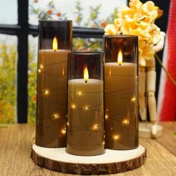 Nimiko Flickering Flameless LED Candles,Battery Operated Candles 9 Pcs with Embedded Star String,Acrylic LED Pillar Candles with Remote,Suitable for Home Decoration to Create an Atmosphere（Grey）