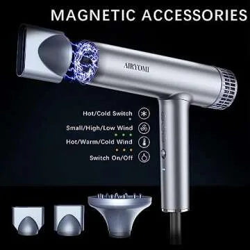 AIRYOMI Hair Dryer, Professional Brushless Motor Ionic Hair Blow Dryer with Diffuser, Magnetic Nozzles, 0.83Pound, 2000W, 60dB, 3 Heat Settings & 3 Speed & Cold Settings