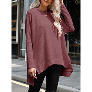 ANRABESS Women's Oversized Crewneck Long Batwing Sleeve Waffle Knit Lightweight Casual Loose Split S...