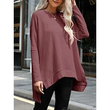 ANRABESS Women's Oversized Crewneck Long Batwing Sleeve Waffle Knit Lightweight Casual Loose Split S...