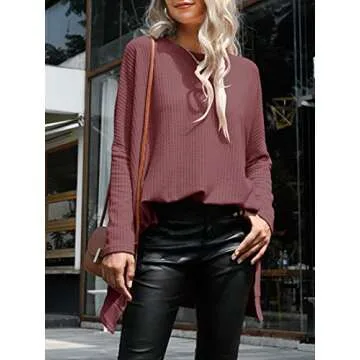 ANRABESS Women's Oversized Crewneck Long Batwing Sleeve Waffle Knit Lightweight Casual Loose Split Sweater Shirts Tunic Tops rust Small