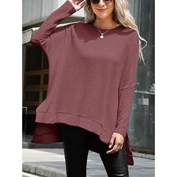 ANRABESS Women's Oversized Crewneck Long Batwing Sleeve Waffle Knit Lightweight Casual Loose Split Sweater Shirts Tunic Tops rust Small