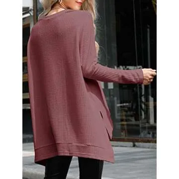 ANRABESS Women's Oversized Crewneck Long Batwing Sleeve Waffle Knit Lightweight Casual Loose Split Sweater Shirts Tunic Tops rust Small