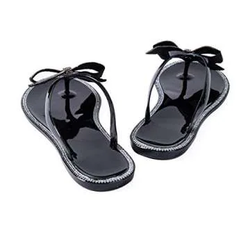 Mtzyoa Women Flip-Flops Flat Sandals Jelly Bow Beach Flat Rivets Rain Cute Dressy Summer Sandals