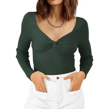 LILLUSORY Women's 2025 Twist Knot Fall Clothes Fashion Outfits Top Ribbed Long Sleeve 2025 Army Gree...