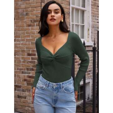 LILLUSORY Women's 2025 Twist Knot Fall Clothes Fashion Outfits Top Ribbed Long Sleeve 2025 Army Green Small