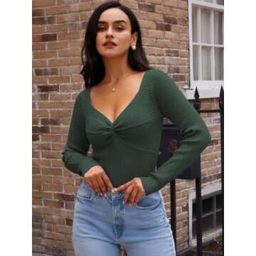 LILLUSORY Women's 2025 Twist Knot Fall Clothes Fashion Outfits Top Ribbed Long Sleeve 2025 Army Green Small