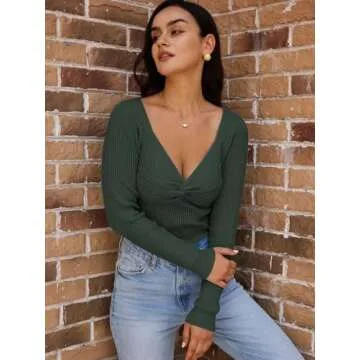 LILLUSORY Women's 2025 Twist Knot Fall Clothes Fashion Outfits Top Ribbed Long Sleeve 2025 Army Green Small