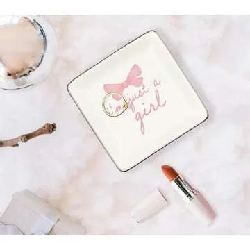 WODMIS Just A Girl Ceramic Jewelry Tray Dish, Coquette Pink Bow Jewelry Plate Ring Trinket Dish, Gir...