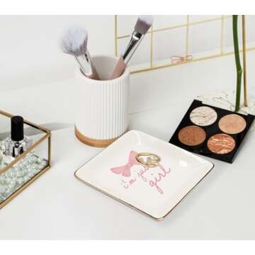 WODMIS Just A Girl Ceramic Jewelry Tray Dish, Coquette Pink Bow Jewelry Plate Ring Trinket Dish, Girly Preppy Trendy Gifts for Girl Women Bestie Teens, Friendship Gifts for Best Friends 427