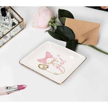 WODMIS Just A Girl Ceramic Jewelry Tray Dish, Coquette Pink Bow Jewelry Plate Ring Trinket Dish, Girly Preppy Trendy Gifts for Girl Women Bestie Teens, Friendship Gifts for Best Friends 427