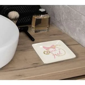 WODMIS Just A Girl Ceramic Jewelry Tray Dish, Coquette Pink Bow Jewelry Plate Ring Trinket Dish, Girly Preppy Trendy Gifts for Girl Women Bestie Teens, Friendship Gifts for Best Friends 427