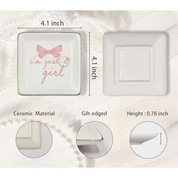 WODMIS Just A Girl Ceramic Jewelry Tray Dish, Coquette Pink Bow Jewelry Plate Ring Trinket Dish, Girly Preppy Trendy Gifts for Girl Women Bestie Teens, Friendship Gifts for Best Friends 427
