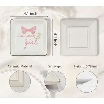 WODMIS Just A Girl Ceramic Jewelry Tray Dish, Coquette Pink Bow Jewelry Plate Ring Trinket Dish, Girly Preppy Trendy Gifts for Girl Women Bestie Teens, Friendship Gifts for Best Friends 427