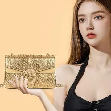 Aiqudou Crossbody and Satchel Bag for Women - Fashion Chain Purse Leather Snake Print Shoulder Bag Evening Square bag(Gold)