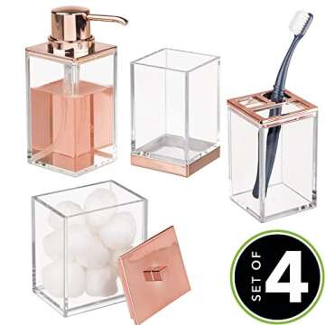 mDesign Plastic Bathroom Vanity Countertop Accessory Set - Includes,Soap Dispenser, Toothbrush Holder, Lidded Canister, and Tumbler Rinsing Cup; Lumiere Collection - Set of 4 - Clear/Rose Gold