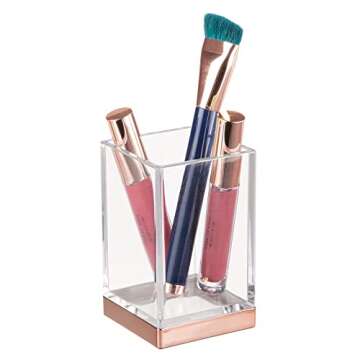 mDesign Plastic Bathroom Vanity Countertop Accessory Set - Includes,Soap Dispenser, Toothbrush Holder, Lidded Canister, and Tumbler Rinsing Cup; Lumiere Collection - Set of 4 - Clear/Rose Gold