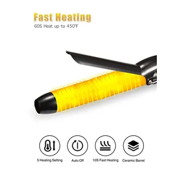 Lanvier 1.25 Inch Clipped Curling Iron with Extra Long Tourmaline Ceramic Barrel, Professional 1 1/4 Inch Hair Curler up to 450°F Dual Voltage for Traveling, Hair Waving Style Tool–Black