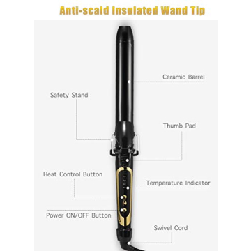 Lanvier 1.25 Inch Clipped Curling Iron with Extra Long Tourmaline Ceramic Barrel, Professional 1 1/4 Inch Hair Curler up to 450°F Dual Voltage for Traveling, Hair Waving Style Tool–Black