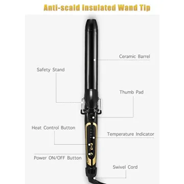 Lanvier 1.25 Inch Clipped Curling Iron with Extra Long Tourmaline Ceramic Barrel, Professional 1 1/4 Inch Hair Curler up to 450°F Dual Voltage for Traveling, Hair Waving Style Tool–Black