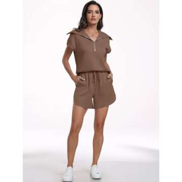 ANRABESS Two Piece Sets for Women Summer Half Zip Short Set Sweatsuit 2 Piece Outfits Sweat Lounge Sets Tracksuit brown Medium