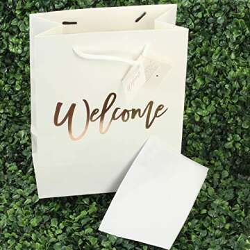 Andaz Press Large White Rose Gold Foil Stamped Welcome Bags for Wedding Guests, Bulk Set of 25 Hotel Guests Gift Bags, Church, Destination Wedding, Includes White Tissue Paper and Wedding Welcome Bag