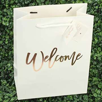 Andaz Press Large White Rose Gold Foil Stamped Welcome Bags for Wedding Guests, Bulk Set of 25 Hotel Guests Gift Bags, Church, Destination Wedding, Includes White Tissue Paper and Wedding Welcome Bag