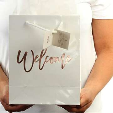 Andaz Press Large White Rose Gold Foil Stamped Welcome Bags for Wedding Guests, Bulk Set of 25 Hotel Guests Gift Bags, Church, Destination Wedding, Includes White Tissue Paper and Wedding Welcome Bag