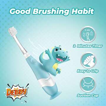 Papablic Toddler Sonic Electric Toothbrush for Ages 1-3 Years, Baby Electric Toothbrush with Cute Dino Cover and Smart LED Timer, 2 Brush Heads (Debby)
