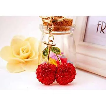 Jzcky Shzrp Cherry Fruit Leaves Crystal Rhinestone Keychain Key Chain Sparkling Key Ring Charm Purse Pendant Handbag Bag Decoration Holiday Gift