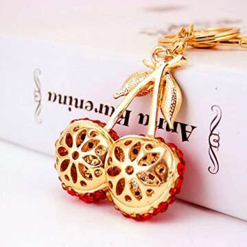 Jzcky Shzrp Cherry Fruit Leaves Crystal Rhinestone Keychain Key Chain Sparkling Key Ring Charm Purse Pendant Handbag Bag Decoration Holiday Gift