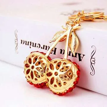 Jzcky Shzrp Cherry Fruit Leaves Crystal Rhinestone Keychain Key Chain Sparkling Key Ring Charm Purse Pendant Handbag Bag Decoration Holiday Gift