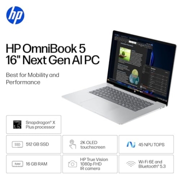 HP OmniBook 5 16 inch Next Gen AI PC - 2K Touchscreen, Snapdragon X Plus, 16 GB RAM, 512 GB SSD