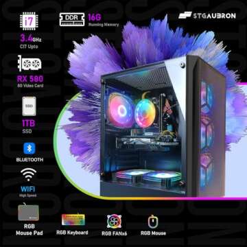 STGAubron Gaming Desktop PC, Radeon RX 580 8G GDDR5, Intel Core i7 up to 3.9G, 16G RAM, 1T SSD, 600M WiFi, BT 5.0, RGB Fan x6, Windows 10 Home