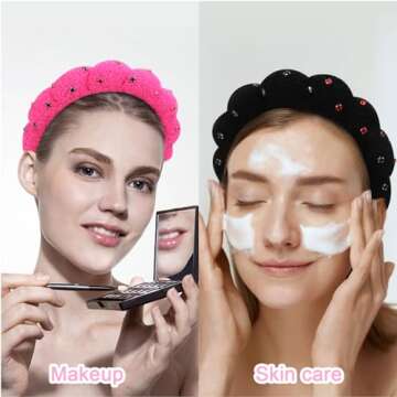 Wecoe 2pcs Rhinestone Skincare Headbands For Washing Face Hot Pink Black Fluffy Spa Headbands Makeup...