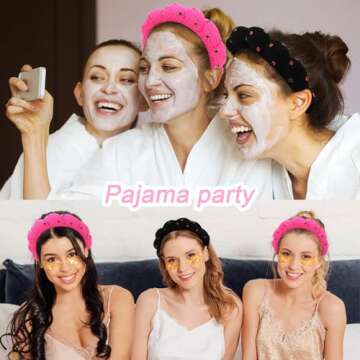 Wecoe 2pcs Rhinestone Skincare Headbands For Washing Face Hot Pink Black Fluffy Spa Headbands Makeup Headband Face Wash Puffy Sponge Bubble Headband Hair Accessories For Women Girls Kids Teens Gifts