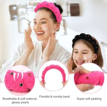 Wecoe 2pcs Rhinestone Skincare Headbands For Washing Face Hot Pink Black Fluffy Spa Headbands Makeup Headband Face Wash Puffy Sponge Bubble Headband Hair Accessories For Women Girls Kids Teens Gifts