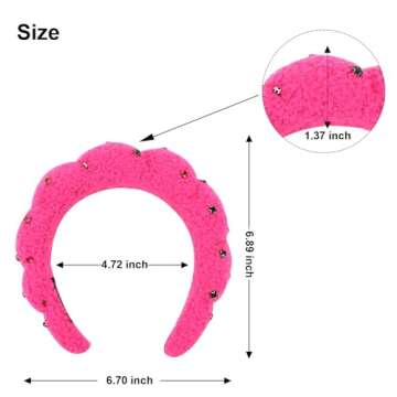 Wecoe 2pcs Rhinestone Skincare Headbands For Washing Face Hot Pink Black Fluffy Spa Headbands Makeup Headband Face Wash Puffy Sponge Bubble Headband Hair Accessories For Women Girls Kids Teens Gifts