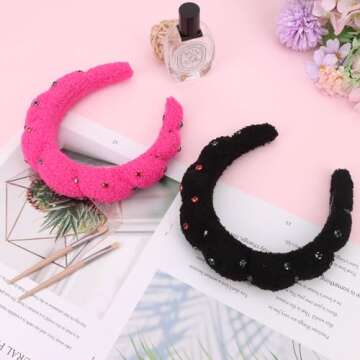 Wecoe 2pcs Rhinestone Skincare Headbands For Washing Face Hot Pink Black Fluffy Spa Headbands Makeup Headband Face Wash Puffy Sponge Bubble Headband Hair Accessories For Women Girls Kids Teens Gifts