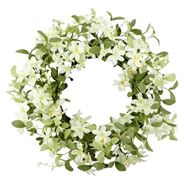 WreathDream 18'' Spring Wreath Summer Wreath for Front Door with Green Eucalyptus Leaves and White C...